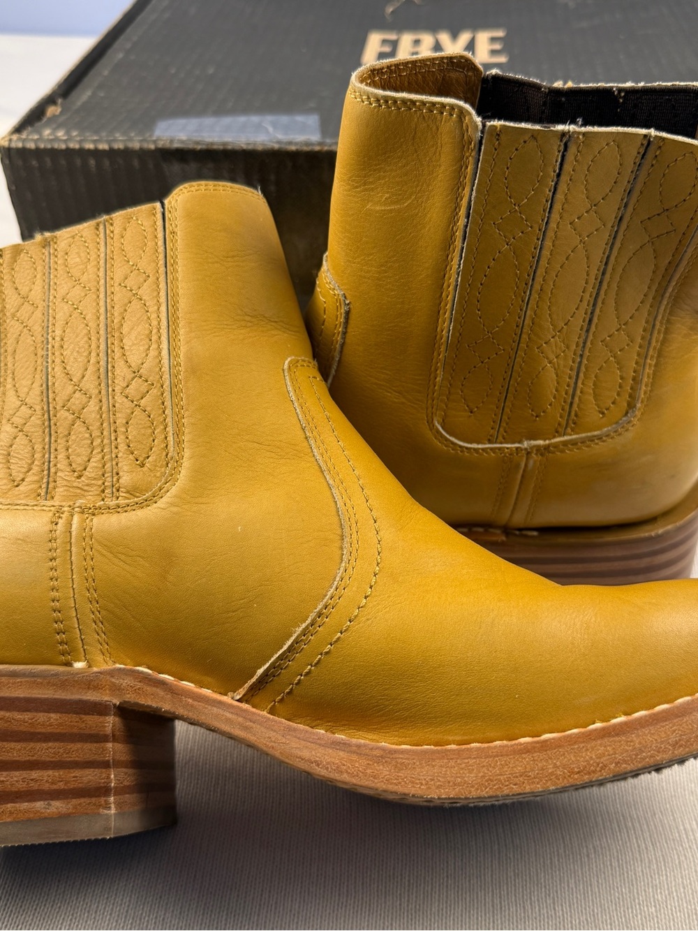 Frye Mustard Leather Western Chelsea Booties with Stacked Heel - Picture 10 of 16